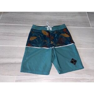 Salty Crew Boys Teal Blue Fish Print Board Shorts Size 6/7 Quick Dry Swim Trunks